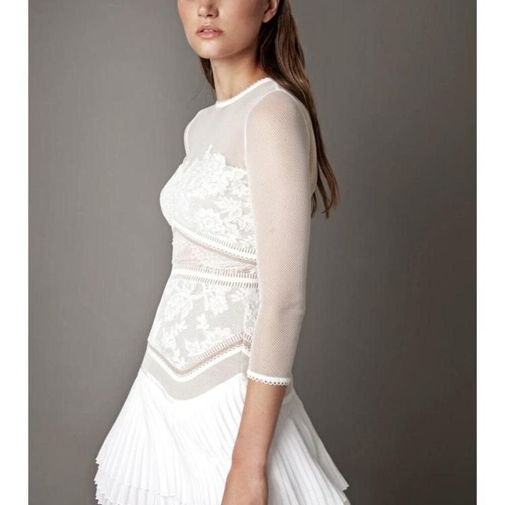 Three Floor White lace mini dress with mesh sleeves - Picture 2 of 10